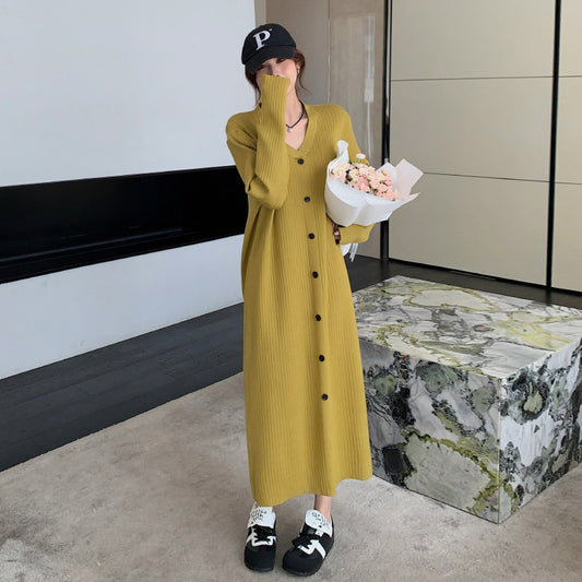 【ワンピース】秋冬Vネックニットロングワンピース レディース 大きいサイズ 縦ストライプ柄 体型カバー レイヤードコーデ【JZシリーズ】
