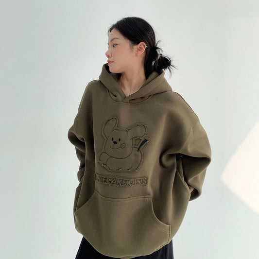 【トップス】レトロワッペン刺繍 カートゥーン 裏起毛フードパーカー【FCシリーズ】