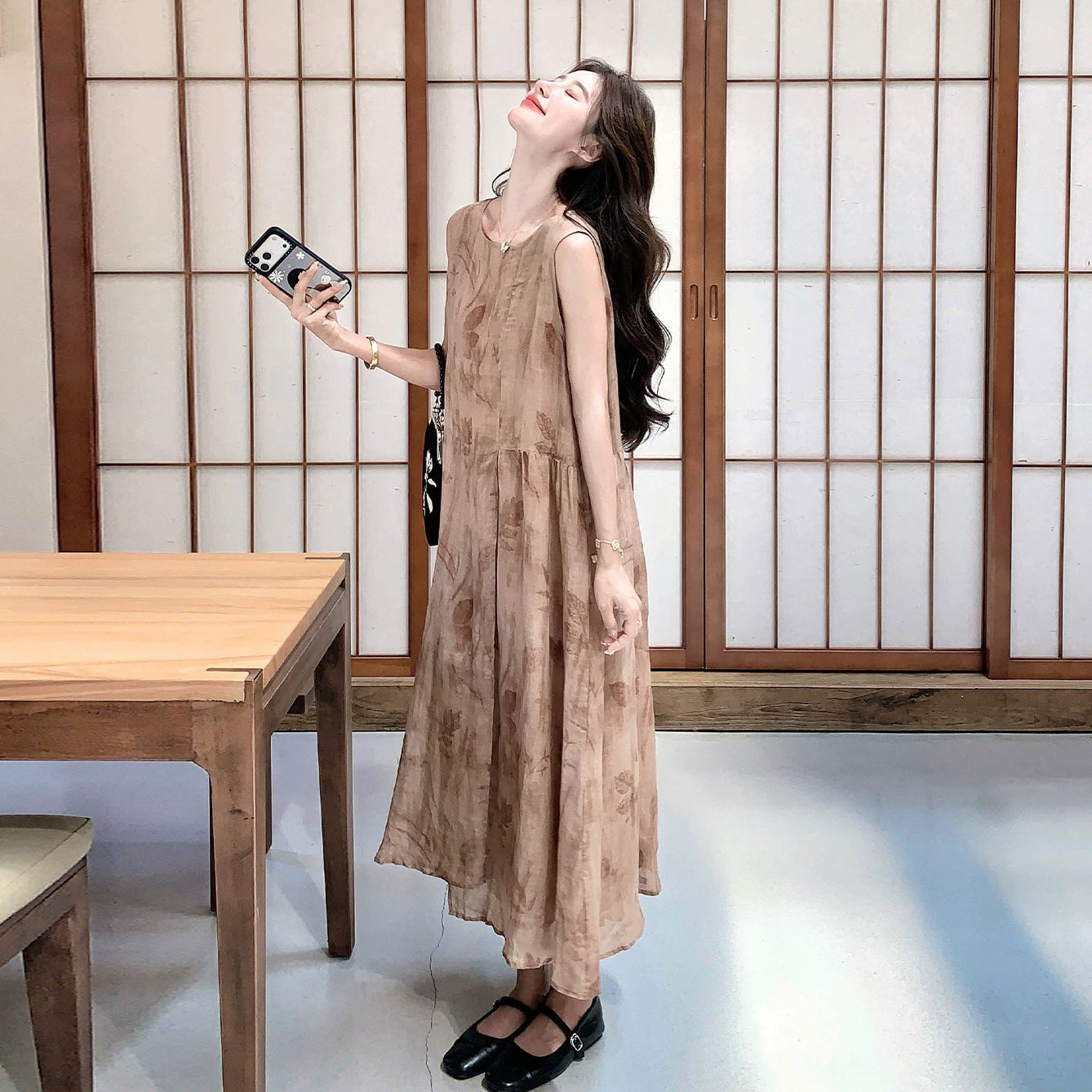 【ワンピース】フレンチ こなれ感 グラデーション プリント ブラウン ノースリーブ ワンピース レディース 夏 ゆったり 上品【SHシリーズ】