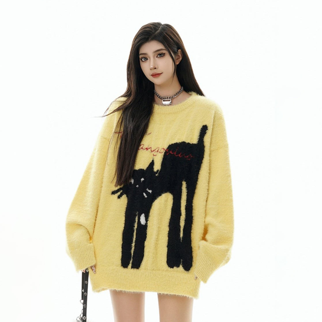 【トップス】猫モチーフ フェイクミンクニット レディース 秋冬 防寒 ゆったり カップル対応 プルオーバー【FCシリーズ】