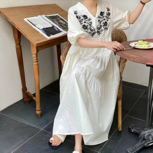 【ワンピース】韓国風 ゆったりシルエット 無地ロングシャツワンピース 半袖ワンピース