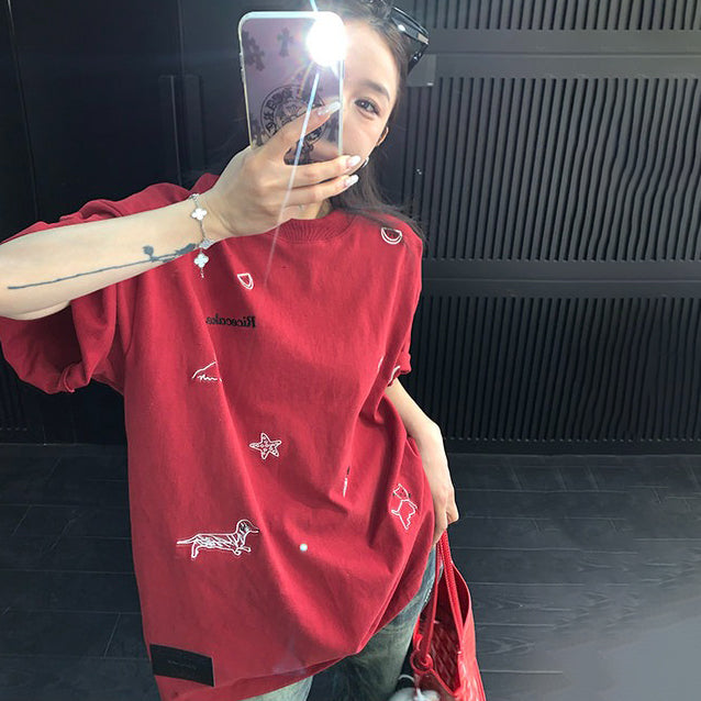 【トップス】カートゥーン刺繍Tシャツ レディース 夏 ルーズフィット 半袖 カジュアル【FCシリーズ】
