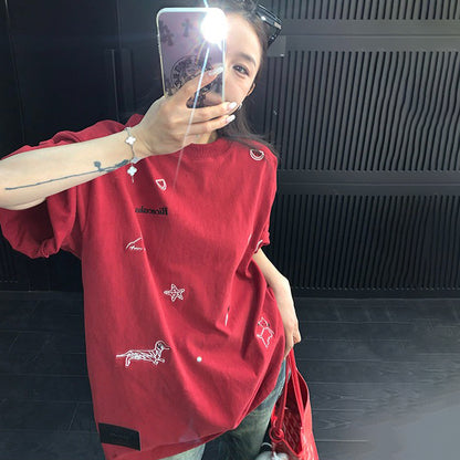 【トップス】カートゥーン刺繍Tシャツ レディース 夏 ルーズフィット 半袖 カジュアル【FCシリーズ】