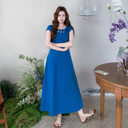 【ワンピース】エレガント な 雰囲気 ウエストシェイプ 夏用 レース風 ディテール クルーネック ノースリーブ ドレス【JZシリーズ】