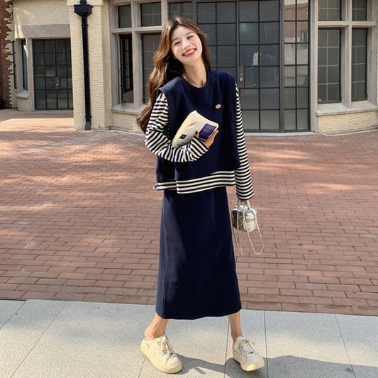 3点セット！【セットアップ】ストライプトップス+ベスト+スカート 上下セット レディース 春秋向け 韓国風シック ソルト系 若見え アカデミック風 3点セット【JZシリーズ】
