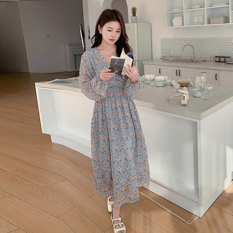 【ワンピース】フレンチ 花柄 長袖ワンピース｜韓国風マキシ丈ワンピース・足首まで届く絶美シルエット【SHシリーズ】
