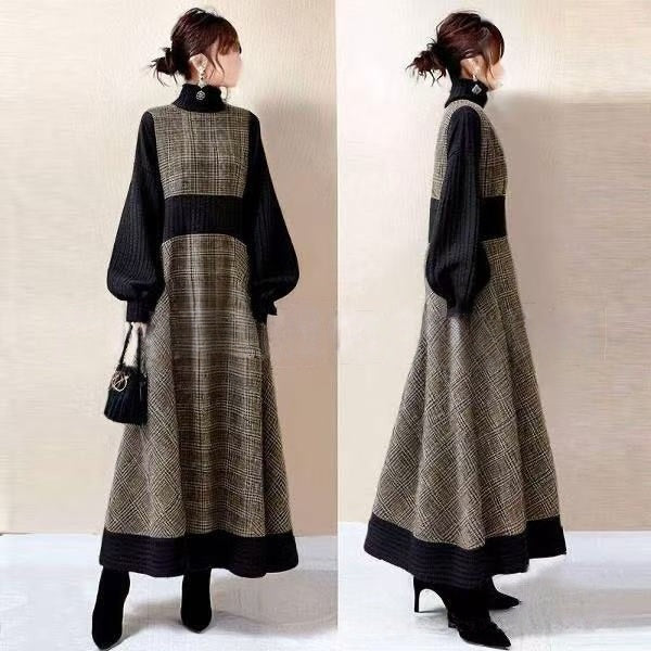 【ワンピース】ハイネック 切替 チェック柄 長袖 ワンピース 【JZシリーズ】