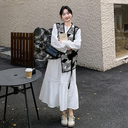 2点セット！【セットアップ】フレンチ上品 ホワイトワンピース＋ヴィンテージ風プリントベスト セット レディース 大人カジュアル【SHシリーズ】