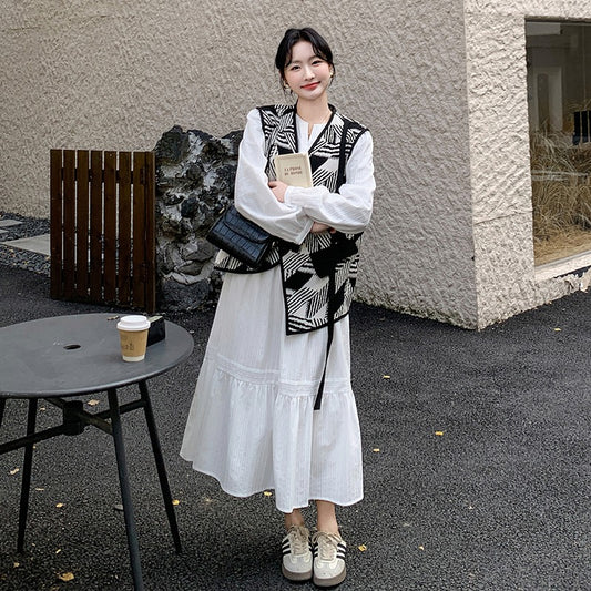 2点セット！【セットアップ】フレンチ上品 ホワイトワンピース＋ヴィンテージ風プリントベスト セット レディース 大人カジュアル【SHシリーズ】
