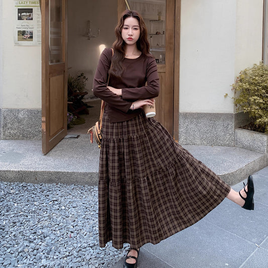 2点セット！【セットアップ】マラード風 コーデ 秋新作 上下セット 気質 不規則デザインTシャツ＋チェック柄スカート【SHシリーズ】