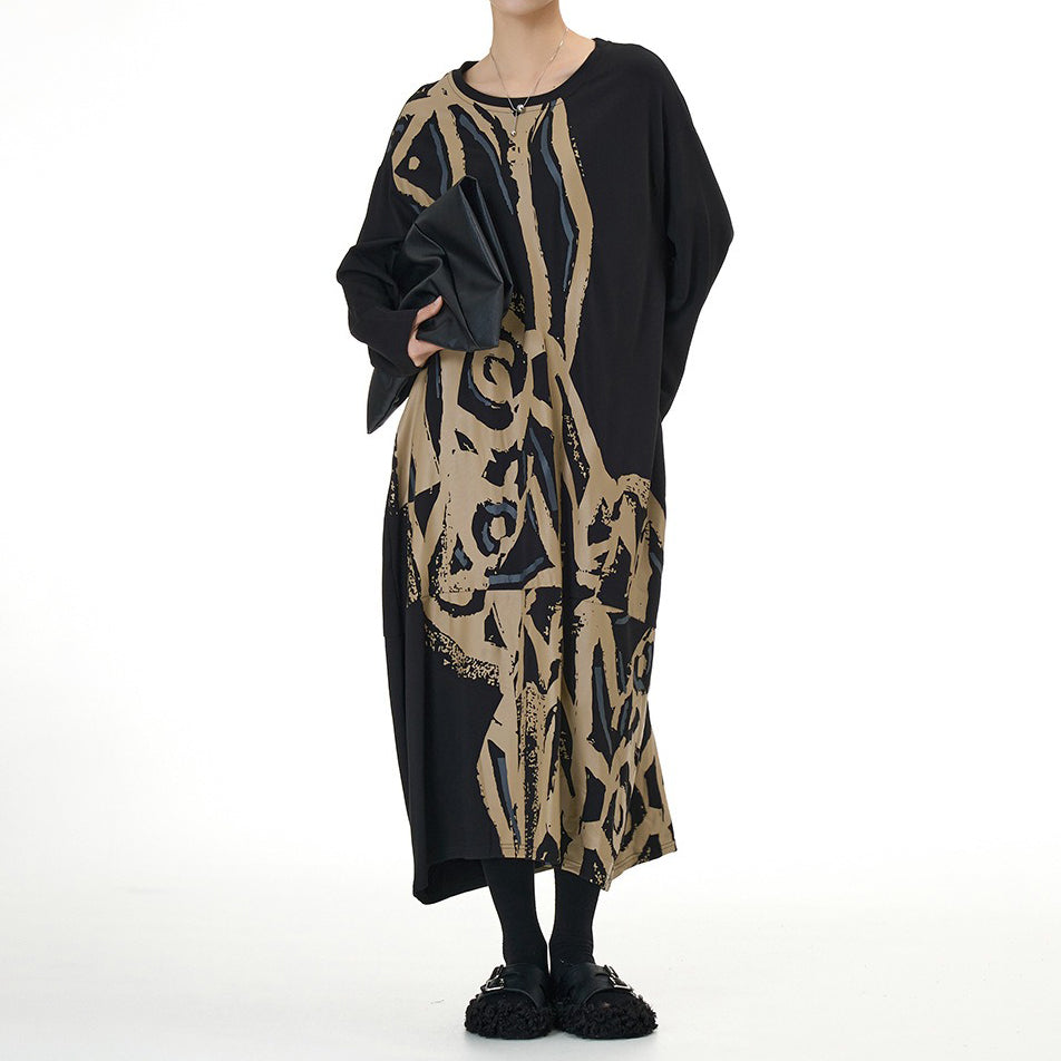 【ワンピース】ファッション 切替デザイン 長袖 プリントワンピース 春新作 大きいサイズ レディース ゆったり 体型カバー Aラインワンピース【SHシリーズ】