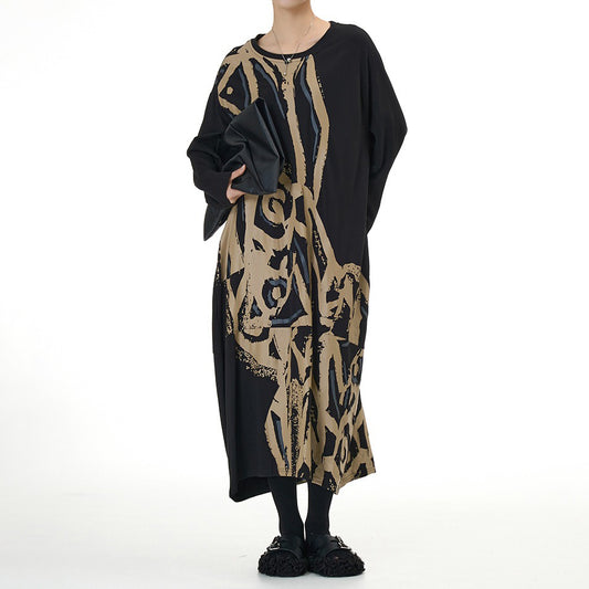 【ワンピース】ファッション 切替デザイン 長袖 プリントワンピース 春新作 大きいサイズ レディース ゆったり 体型カバー Aラインワンピース【SHシリーズ】