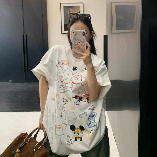 【トップス】ストリート風 カートゥーングラフィックTシャツ コットン半袖 オーバーサイズ ルーズシルエット トレンド【FCシリーズ】