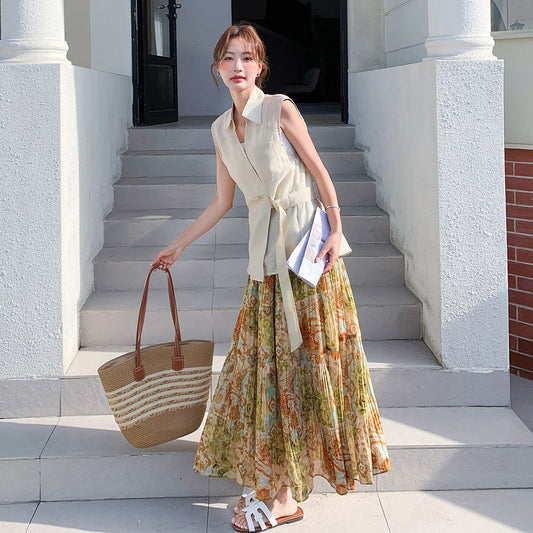 2点セット！【セットアップ】フレンチ風 ウエストマーク ブラウス＋花柄スカート 上下セット レディース 夏 フェミニン 上品 大人可愛い【SHシリーズ】