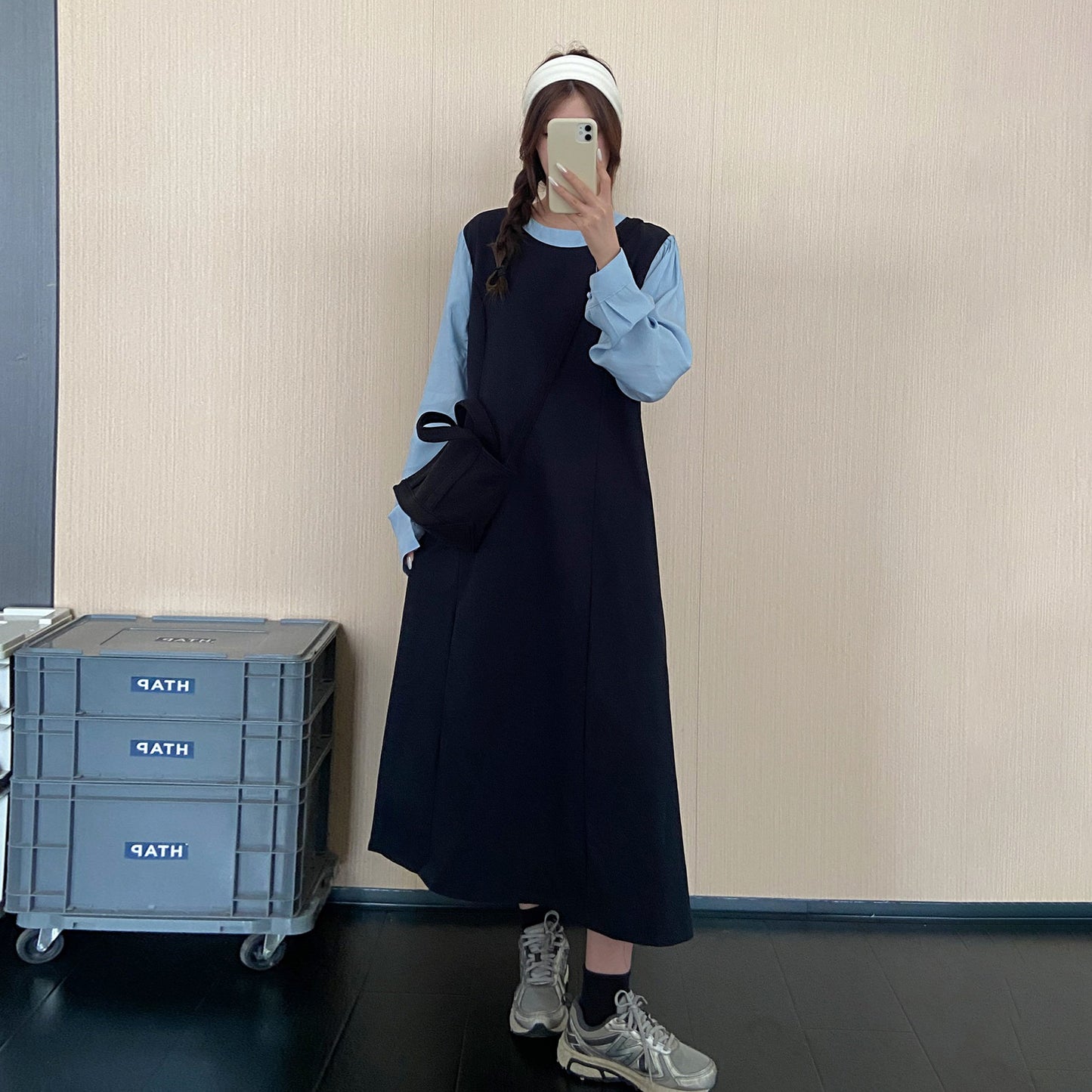 【ワンピース】大人上品フェイクレイヤードワンピース レディース 秋新作 ポロカラー ゆったり ロング丈【JZシリーズ】