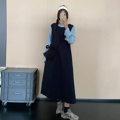 【ワンピース】大人上品フェイクレイヤードワンピース レディース 秋新作 ポロカラー ゆったり ロング丈【JZシリーズ】