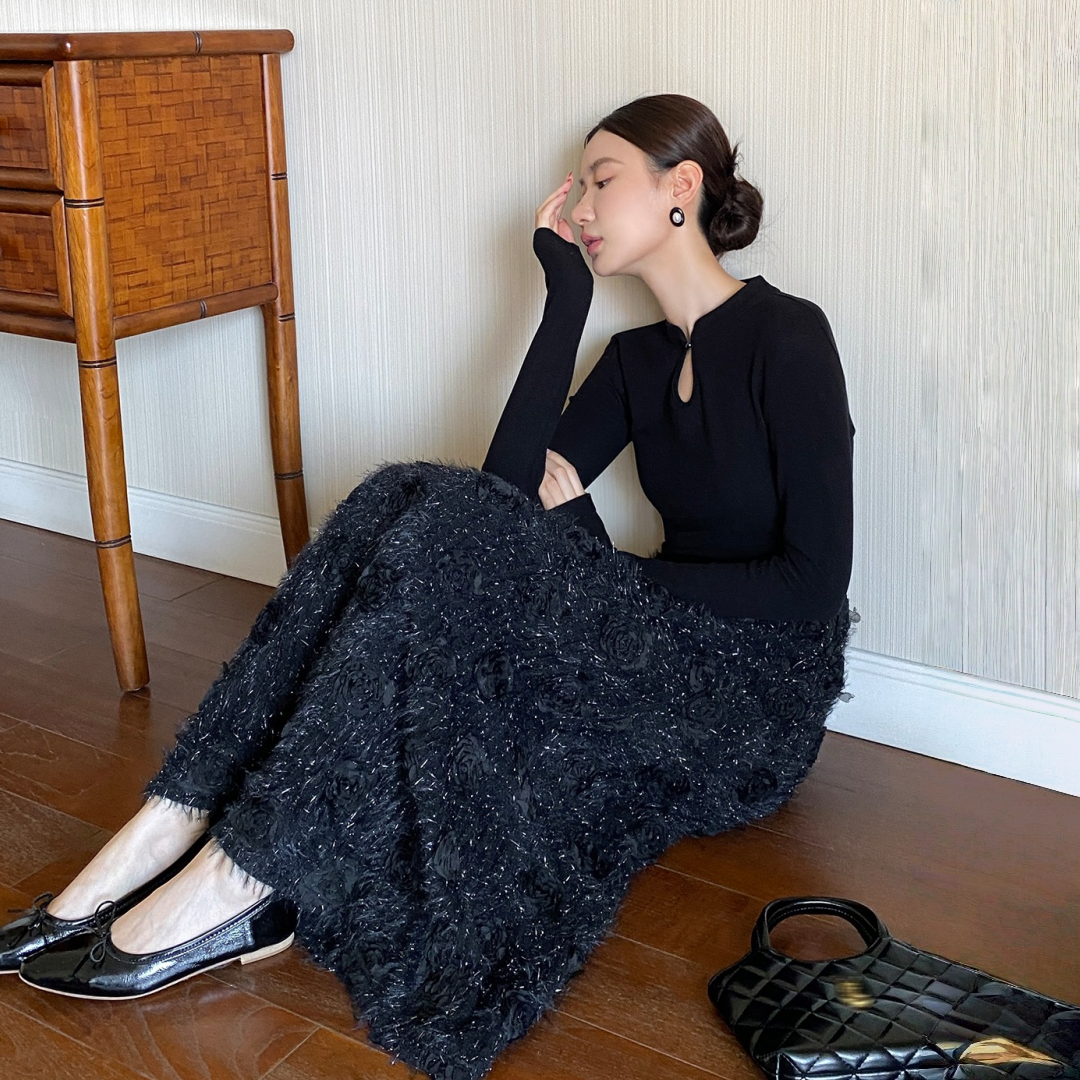 【ワンピース】春 秋 冬 花柄刺繍 細見え インナー 長袖 ワンピース  【JZシリーズ】