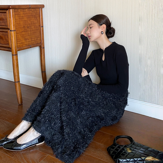 【ワンピース】春 秋 冬 花柄刺繍 細見え インナー 長袖 ワンピース  【JZシリーズ】