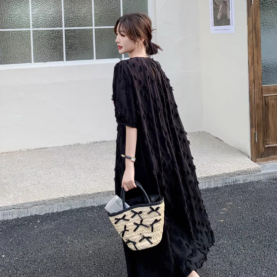 【ワンピース】切り替え 夏新作 ヘップバーン風 シンプルゆったり 半袖ワンピース