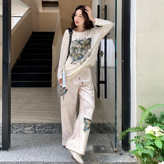 2点セット！【セットアップ】レトロ デニム刺繍 Tシャツ＋ワイドパンツ 上下セット レディース 春秋  大人カジュアル 体型カバーコーデ【SHシリーズ】