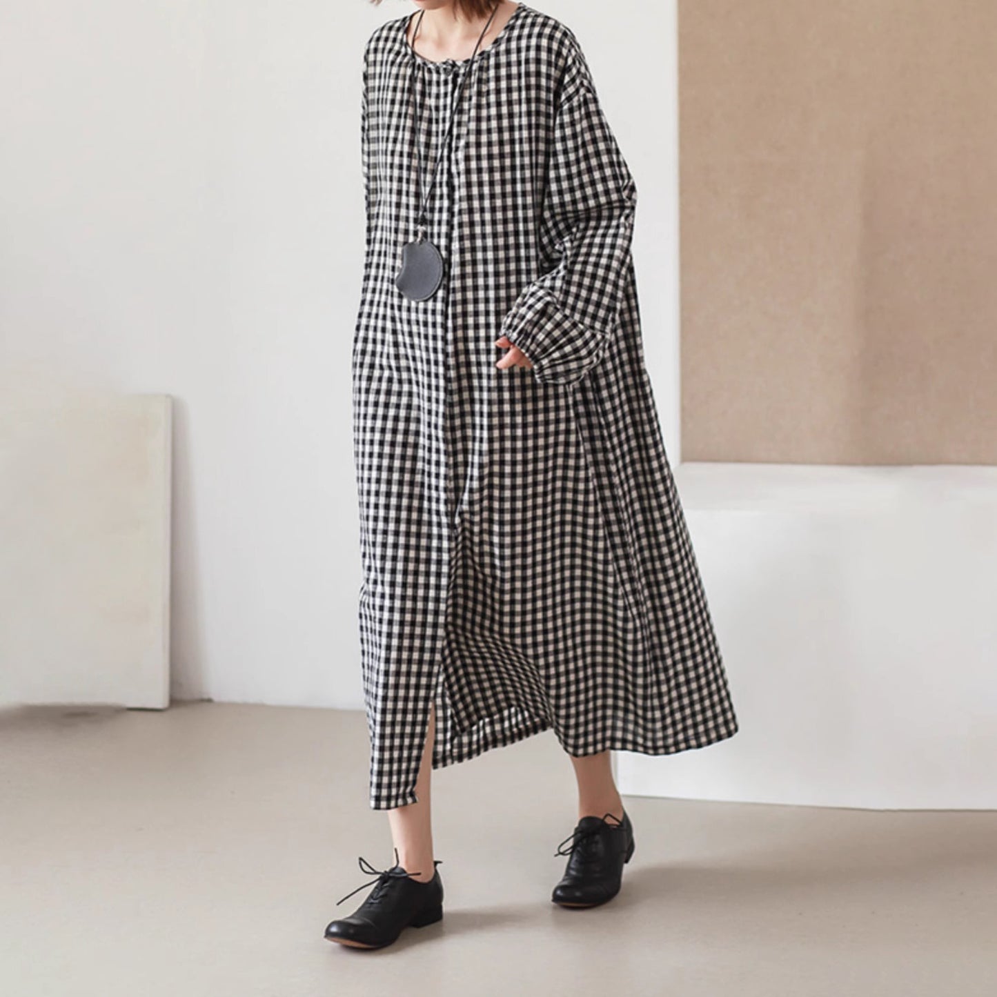 【24AW】【15～20日内発送】【ワンピース】レトロ チェック柄 大きいサイズ ゆったり 長袖ワンピース