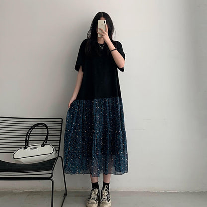 【ワンピース】大きいサイズ レディース 花柄フェイクレイヤードワンピース 夏 切替デザイン Aライン 半袖 ロングワンピース 体型カバー 着痩せ【JZシリーズ】