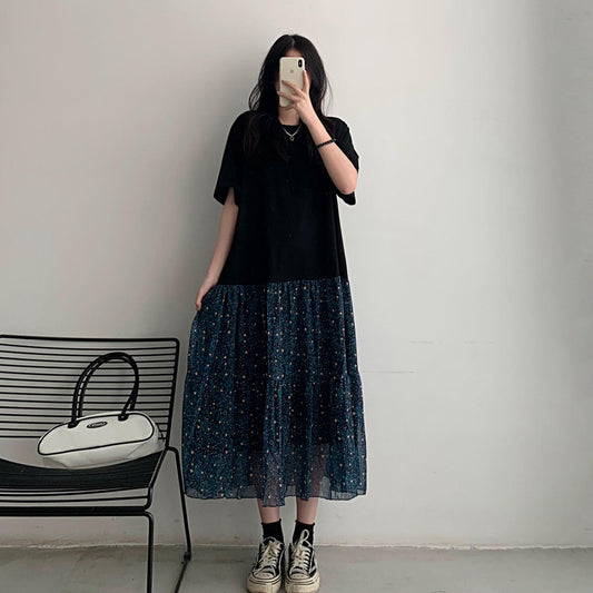 【ワンピース】大きいサイズ レディース 花柄フェイクレイヤードワンピース 夏 切替デザイン Aライン 半袖 ロングワンピース 体型カバー 着痩せ【JZシリーズ】