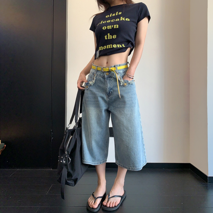 【ボトムス】デザイン性 ウォッシュドデニム カットオフ クロップドパンツ 【FCシリーズ】
