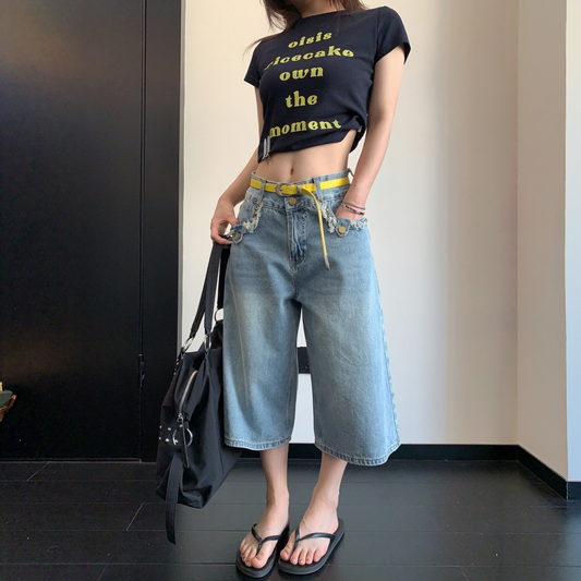 【ボトムス】デザイン性 ウォッシュドデニム カットオフ クロップドパンツ 【FCシリーズ】