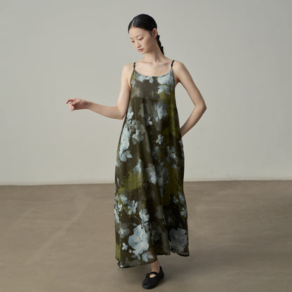 【ワンピース】ワンピース レディース 水墨花柄 シフォン キャミワンピース ノースリーブ ロング丈 リゾート風 上品 細見え ゆったり【JZシリーズ】【SHシリーズ】【10～15日内発送】