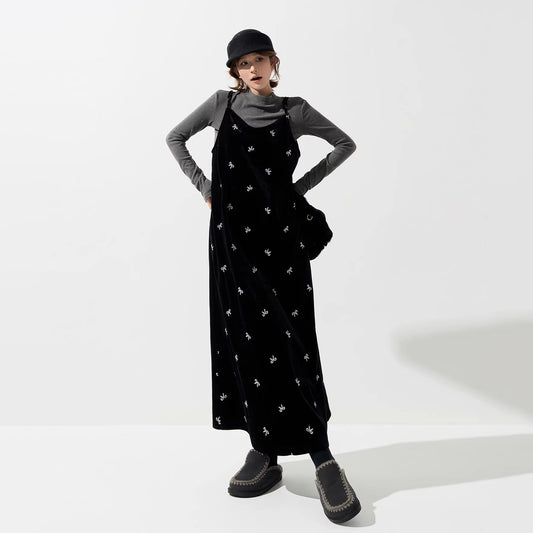 【ワンピース】ベロア刺繍 Vネック ノースリーブ ワンピース レディース 秋冬 韓国風 厚手 Aライン ロング丈【SHシリーズ】