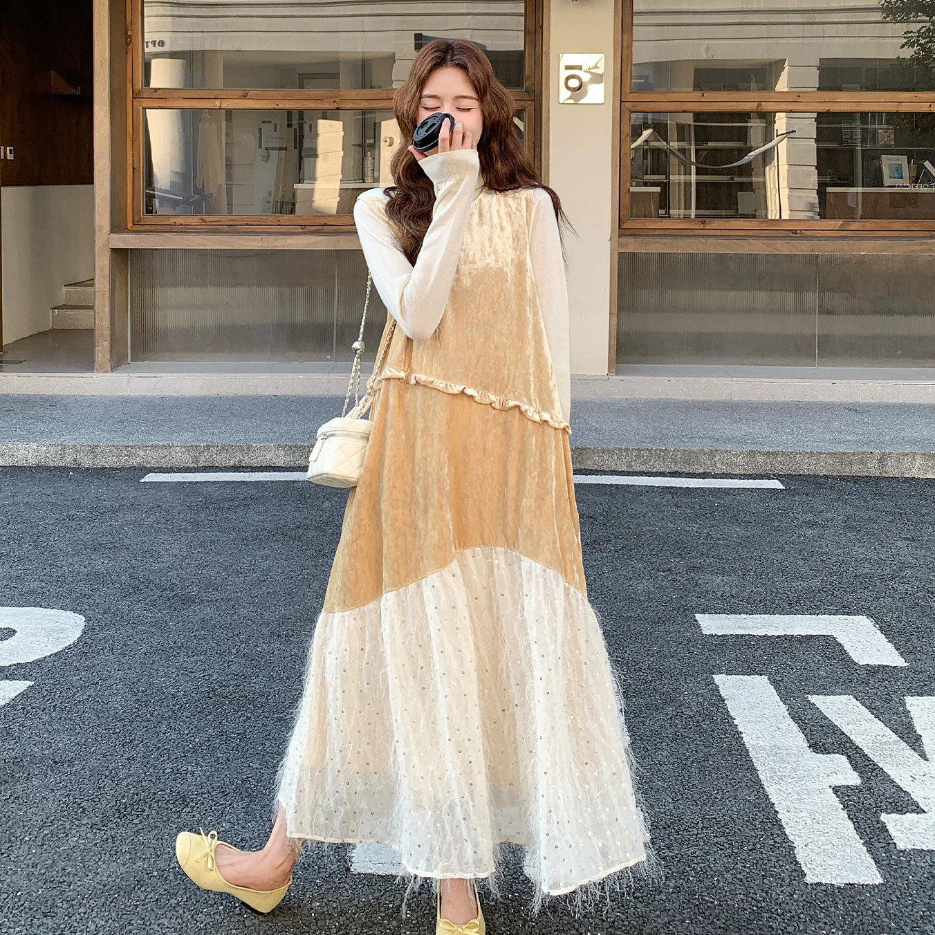 【ワンピース】ベロアスパンコールフリンジワンピース レディース ノースリーブ ロング丈 配色 シャンパンカラー【JZシリーズ】