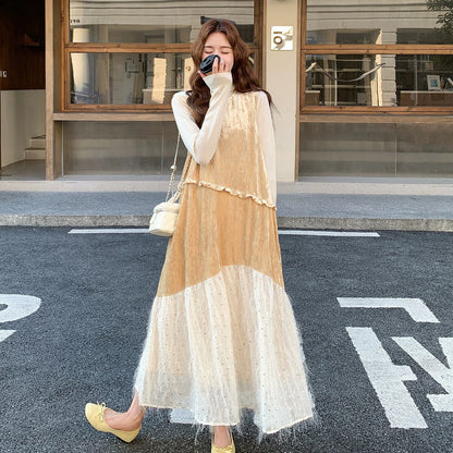【ワンピース】ベロアスパンコールフリンジワンピース レディース ノースリーブ ロング丈 配色 シャンパンカラー【JZシリーズ】