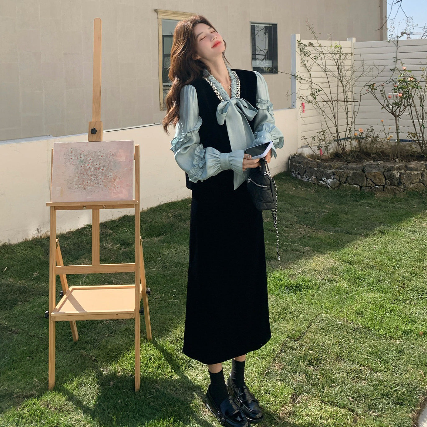 2点セット！【セットアップ】フレンチレトロ リボンブラウス＆スカート 上下セット 2026春新作 上品 レディース【JZシリーズ】