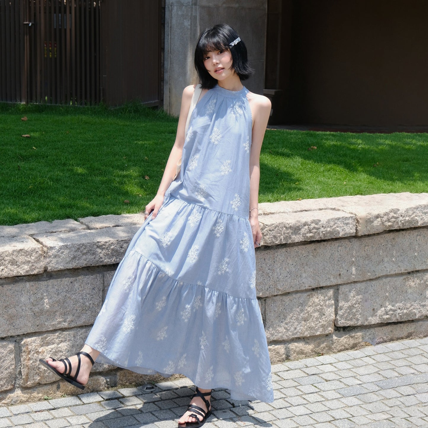 【ワンピース】リゾート 刺繍入り 夏 フローラルプリント ノースリーブワンピース【JZシリーズ】