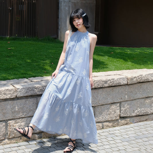 【ワンピース】リゾート 刺繍入り 夏 フローラルプリント ノースリーブワンピース【JZシリーズ】