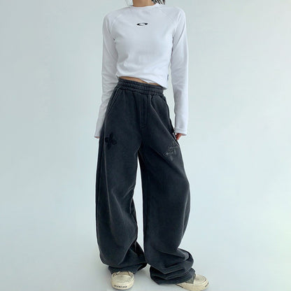 【ボトムス】韓国風 ヴィンテージライク デニムパンツ レディース 直筒＆刺繍入り【FCシリーズ】