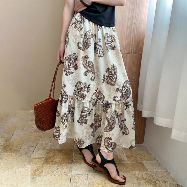 【ボトムス】フレンチバカンス風 フェザー柄切り替えデザイン ハイウエストゴム入りAラインスカート【SHシリーズ】【JZシリーズ】