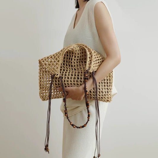 【バッグ】夏 ビーチ PP編みバッグ ビーズ装飾 ヴィンテージ 大容量 ショルダーバッグ