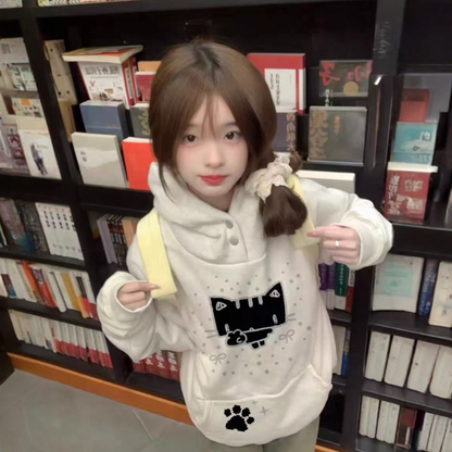 【トップス】韓国風 ゆったり 子猫プリント ボタン付き パーカー【FCシリーズ】