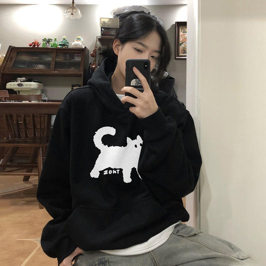 【トップス】オーバーサイズ フード付き 猫柄 レディース パーカー 小柄向け 韓国風 カジュアル 上質感 裏起毛 厚手 スウェット【FCシリーズ】