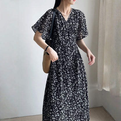 【ワンピース】夏 Vネック ウエストリボン 花柄 半袖 ワンピース 【SHシリーズ】