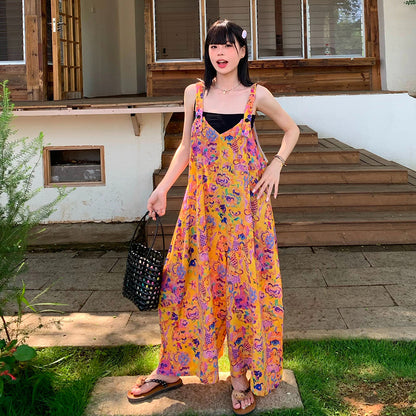 【ボトムス】アート油彩柄 サロペット レディース オールインワン 夏 Vネック ワイドパンツ ゆったり 体型カバー 涼しげ 着痩せ 上品 モード カジュアル【SHシリーズ】