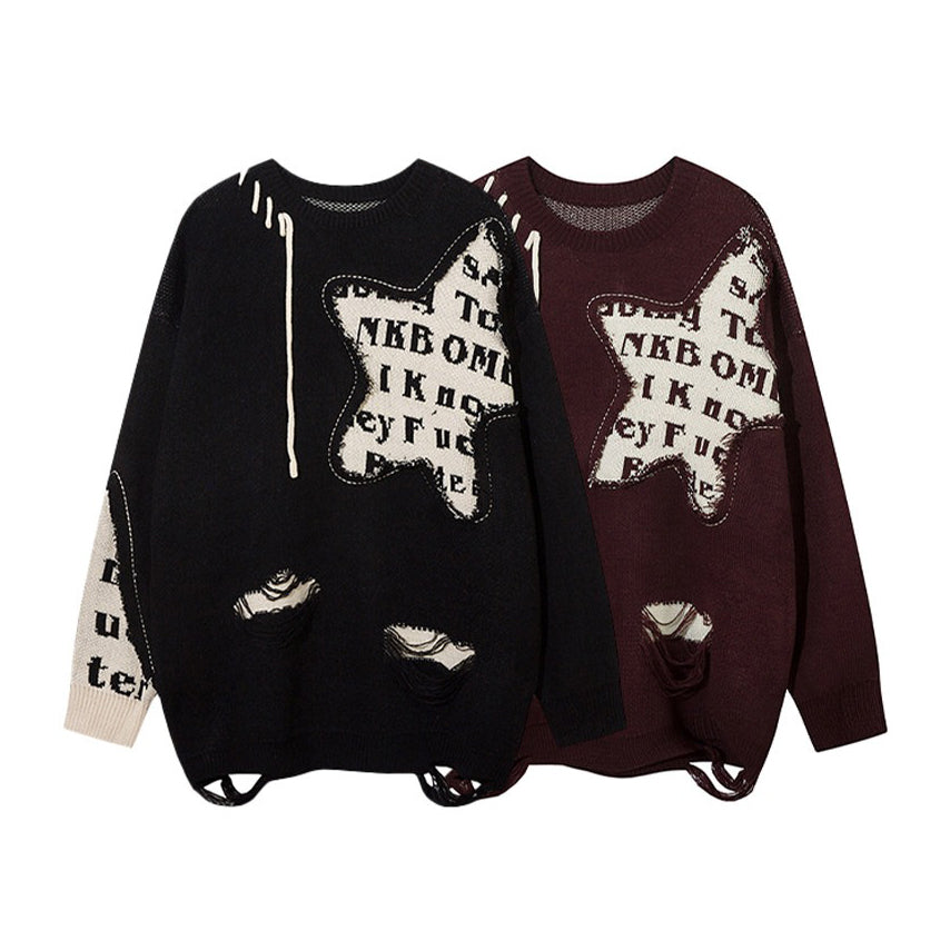 【トップス】星柄切替 デザインニット ユニセックス レディース 秋冬 ゆったり ハイストリート【FCシリーズ】