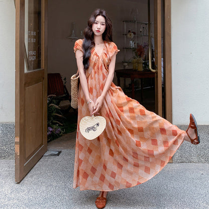 【ワンピース】ワンピース 夏 Vネック 半袖 ダイヤ柄プリント ロング丈 フレンチスタイル リゾート バカンス ゆったり 着痩せ 上品【SHシリーズ】