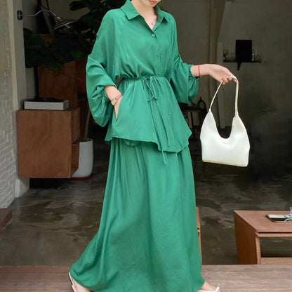 2点セット！【セットアップ】春新作 韓国風 大きいサイズ レディース ゆったりシルエット ウエストリボン シャツ+スカート 上下セット【JZシリーズ】