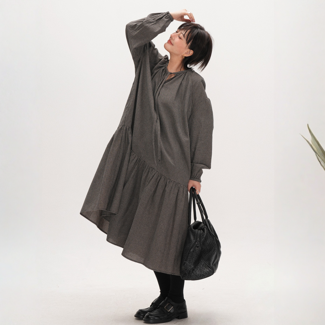 【ワンピース】春 秋 冬 チェック柄 長袖 細見え ロングワンピース 【JZシリーズ】