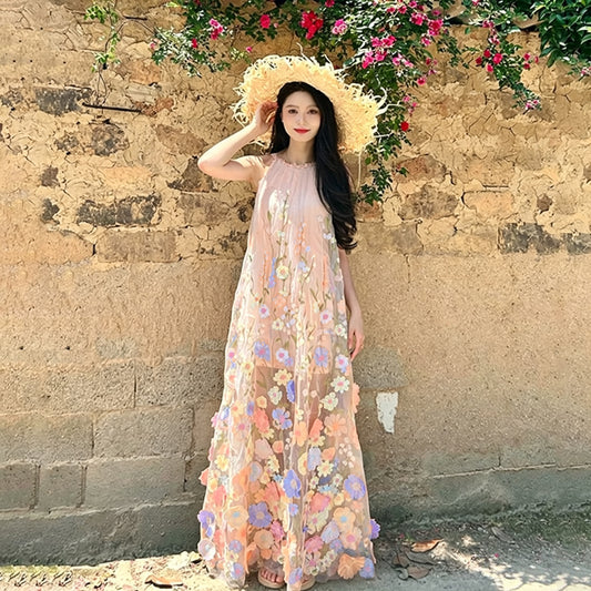 花朵造型長洋裝｜無袖透視設計連身裙｜旅行度假風穿搭【SH系列】
