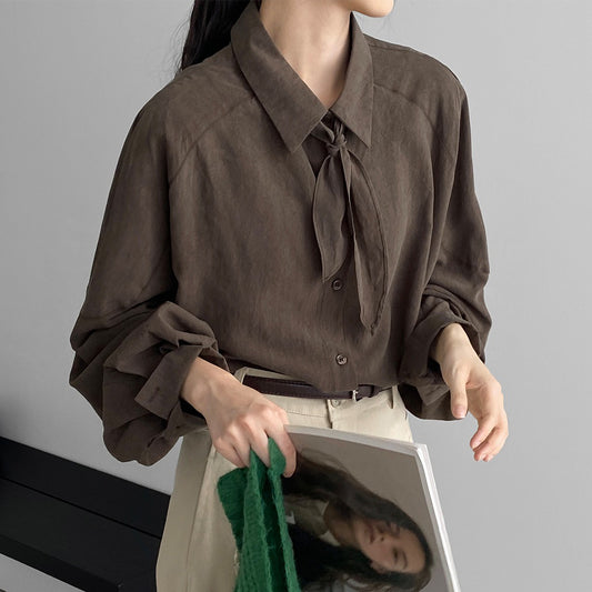 【トップス】韓国風 おしゃれ感 100％リヨセル ゆったりシャツ レディース リボン付きブラウス【JZシリーズ】
