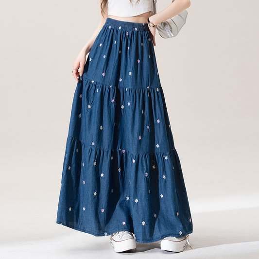 【ボトムス】デニム スカート 夏 花柄刺繍 ブルー ミディ丈 Aライン フレアスカート 体型カバー 着痩せ【SHシリーズ】
